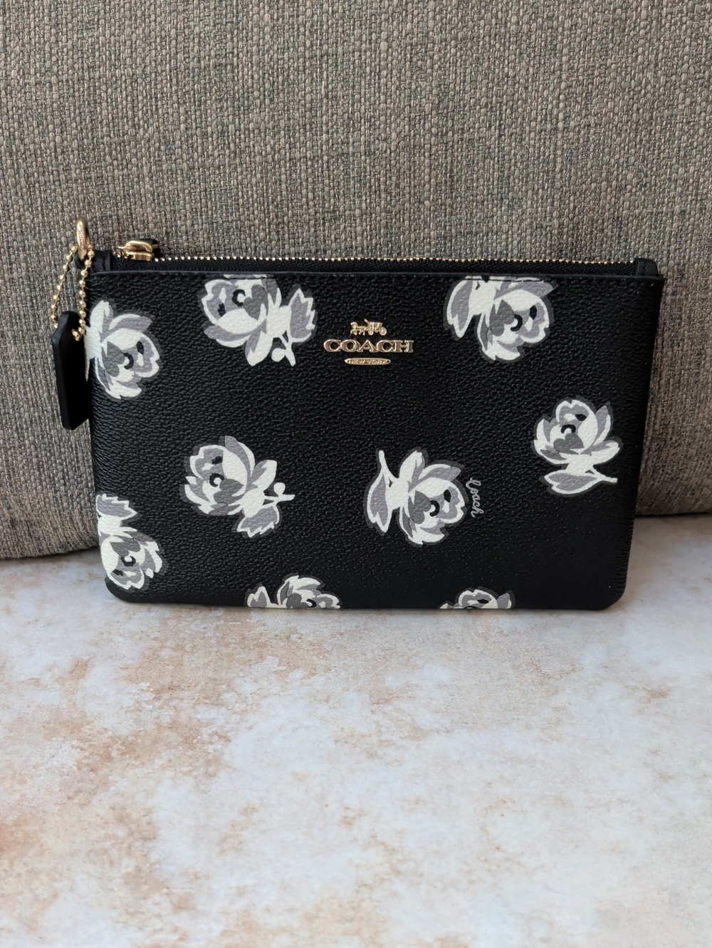 Coach Black Floral Zip Wristlet with Gold Hardware EUC